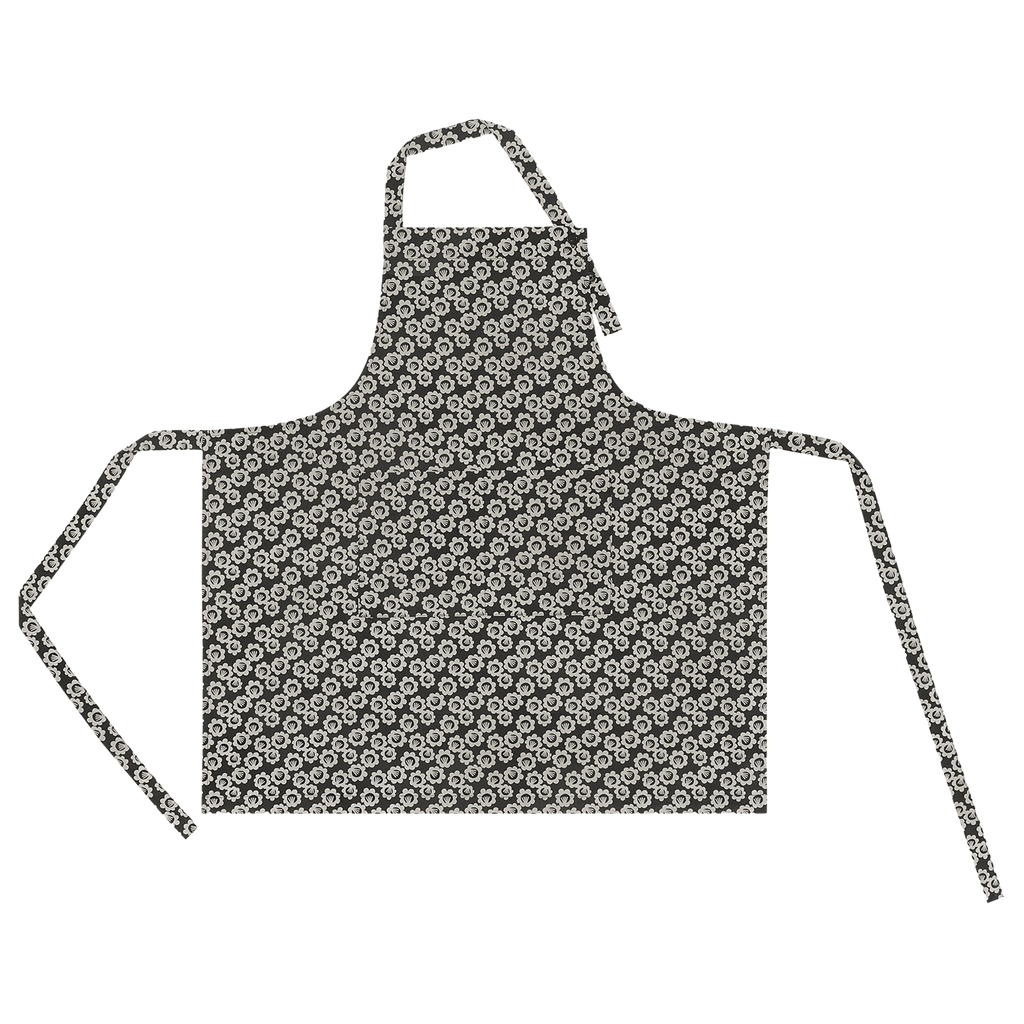 Black Pansy long kitchen apron by Jessica Nielsen for Kitty Bunny Pony