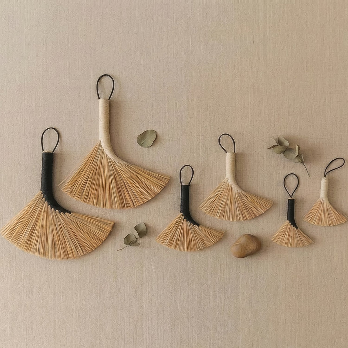 Mosi Broom size comparison — 10cm, 15cm and 25cm in black and white handle wrap, Bargn Workshop